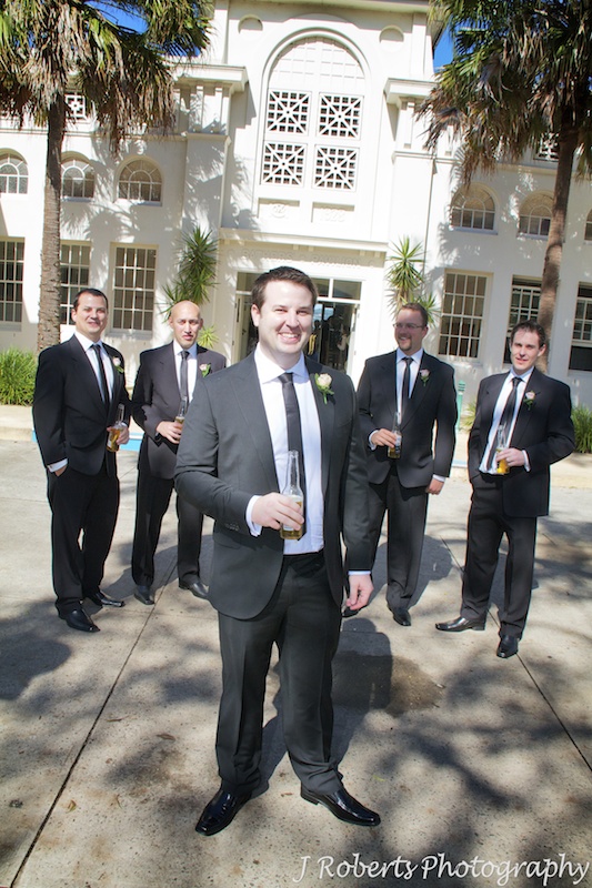 Groom and his groomsmen outside Bathers Pavilion Balmoral - wedding photography sydney